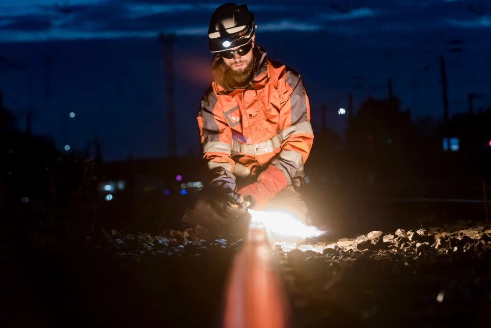 Un compagnon travaillant les soudures sur les voies de nuit