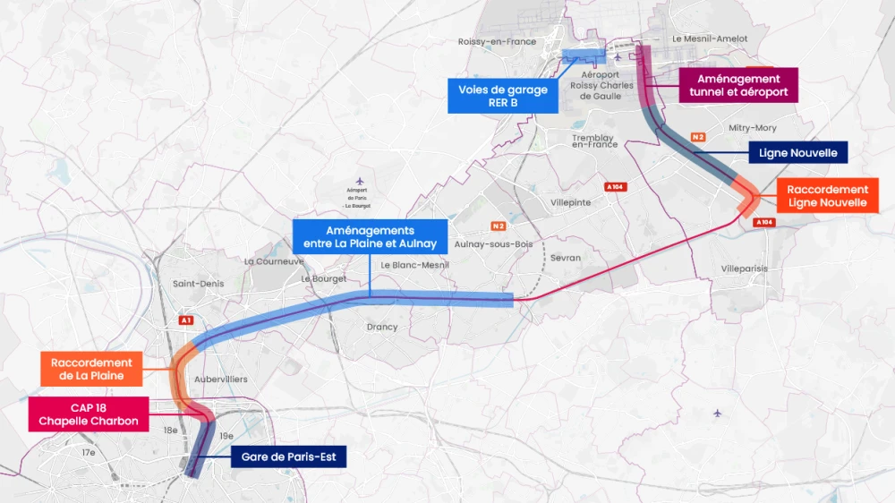 Tracé du CDG Express, divisé en 8 zones, permettant de relier la gare de Paris-Est à l'aéroport Paris-Charles de Gaulle 2